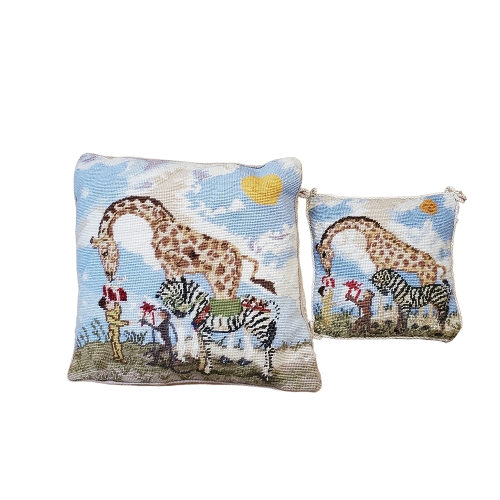 Katha Diddel Vintage Giraffe Zebra Scene Needlepoint‎ Pillows Set Of 2